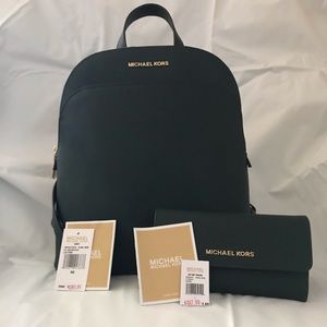 EUC MICHAEL KORS GREEN LEATHER BACKPACK & WALLET